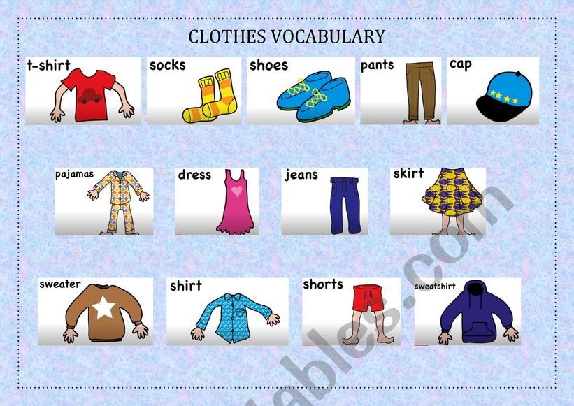 Clothes vocabulary about the song: Clothing Song For Kids, Learn 15 Words