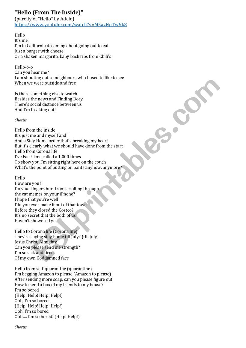 Hello from the inside (a parody of AdeleÃ¯Â¿Â½s song 