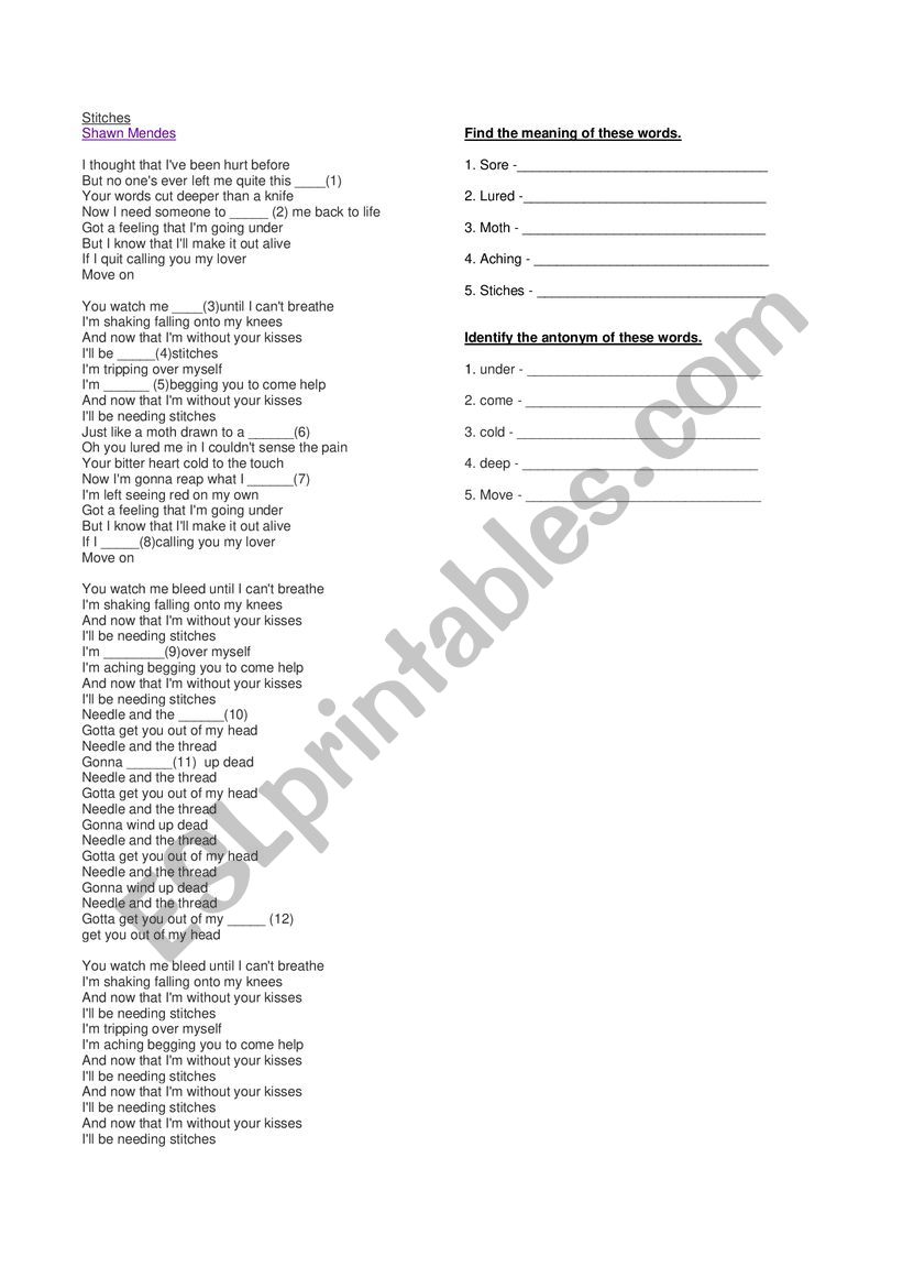 SONG WORKSHEET: STITCHES BY SHAWN MENDES