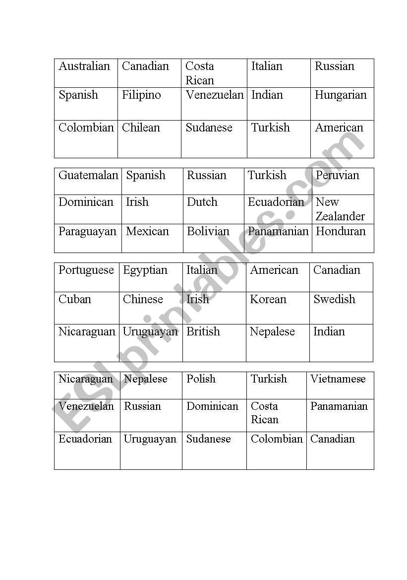 Nationality bingo worksheet