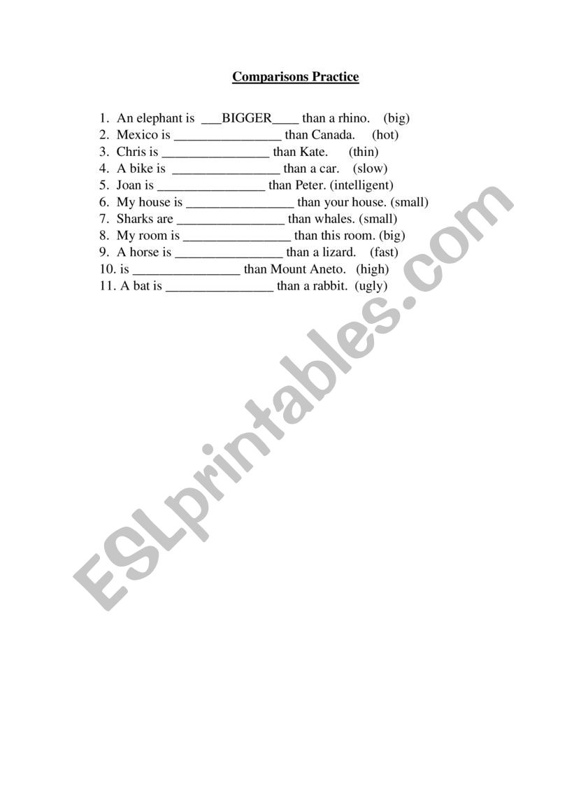Comparison exercises worksheet