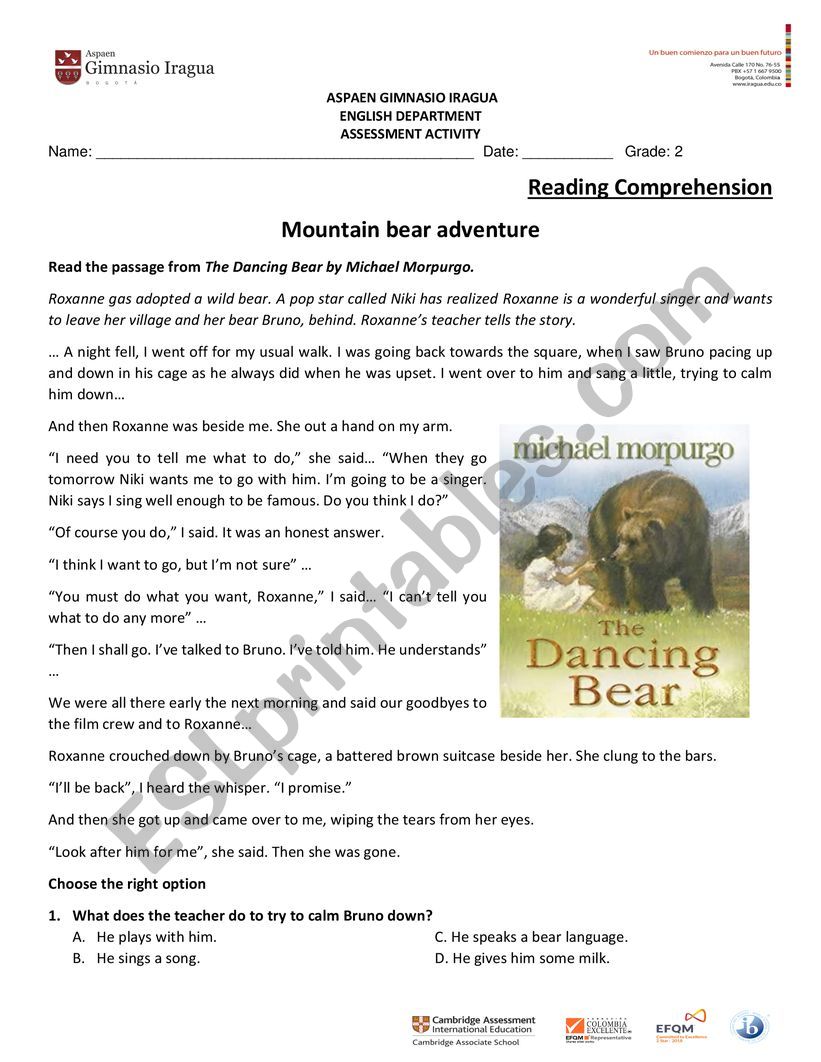 Dancing bear story worksheet