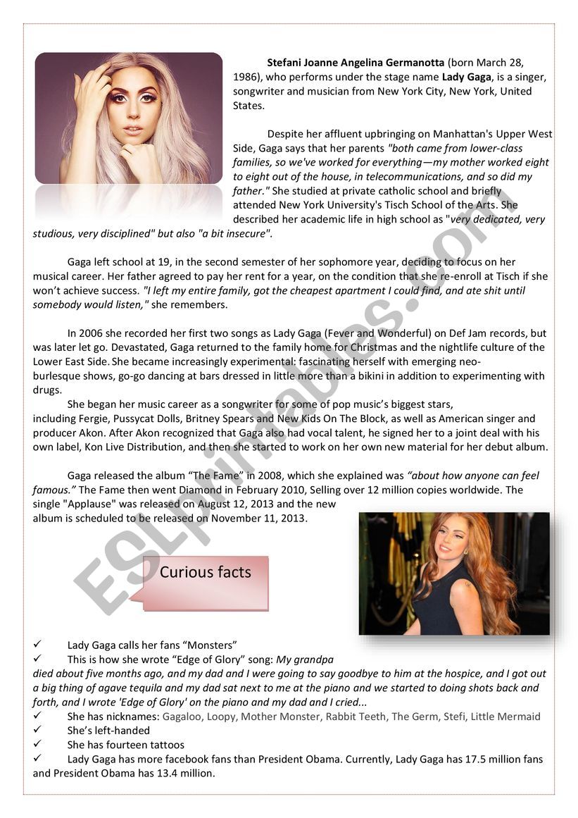 Lady Gaga Biography worksheet