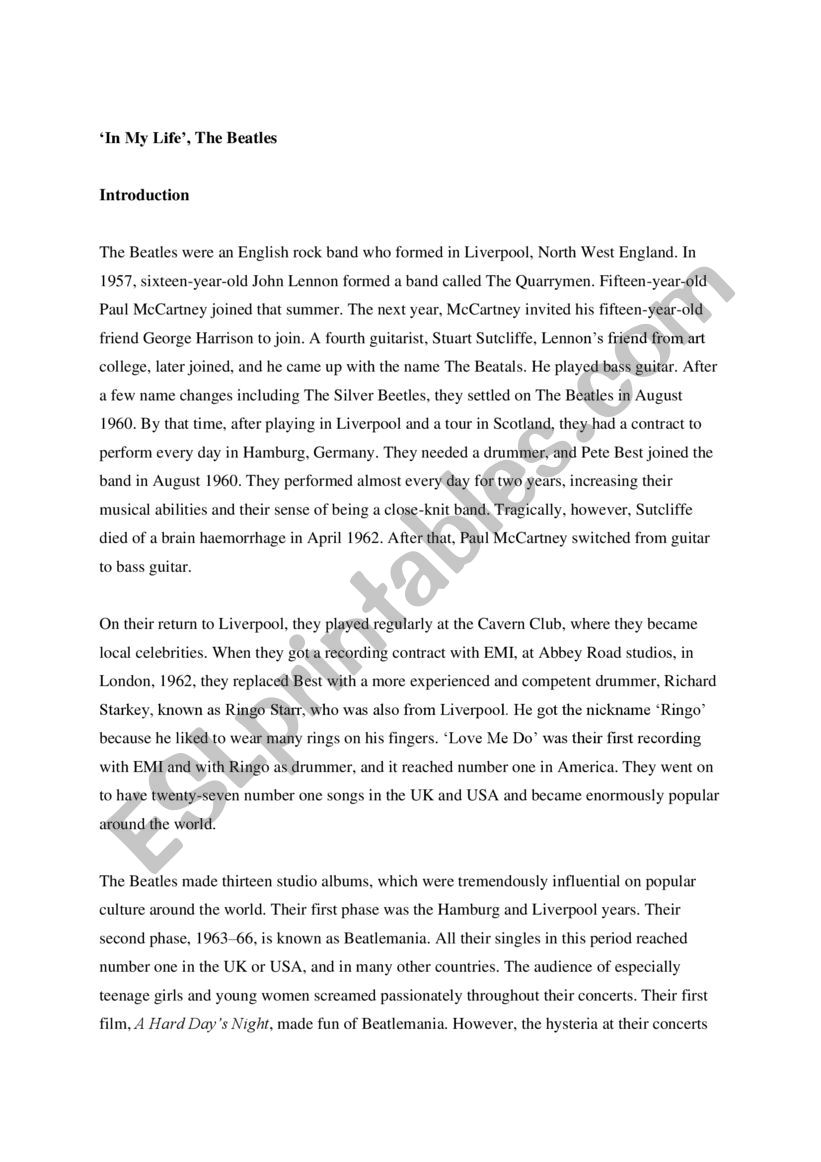 The Beatles, In My Life, mini-lecture, texts, and comprehension questions The Beatles, In My Life, mini-lecture, texts, and comprehension questions
