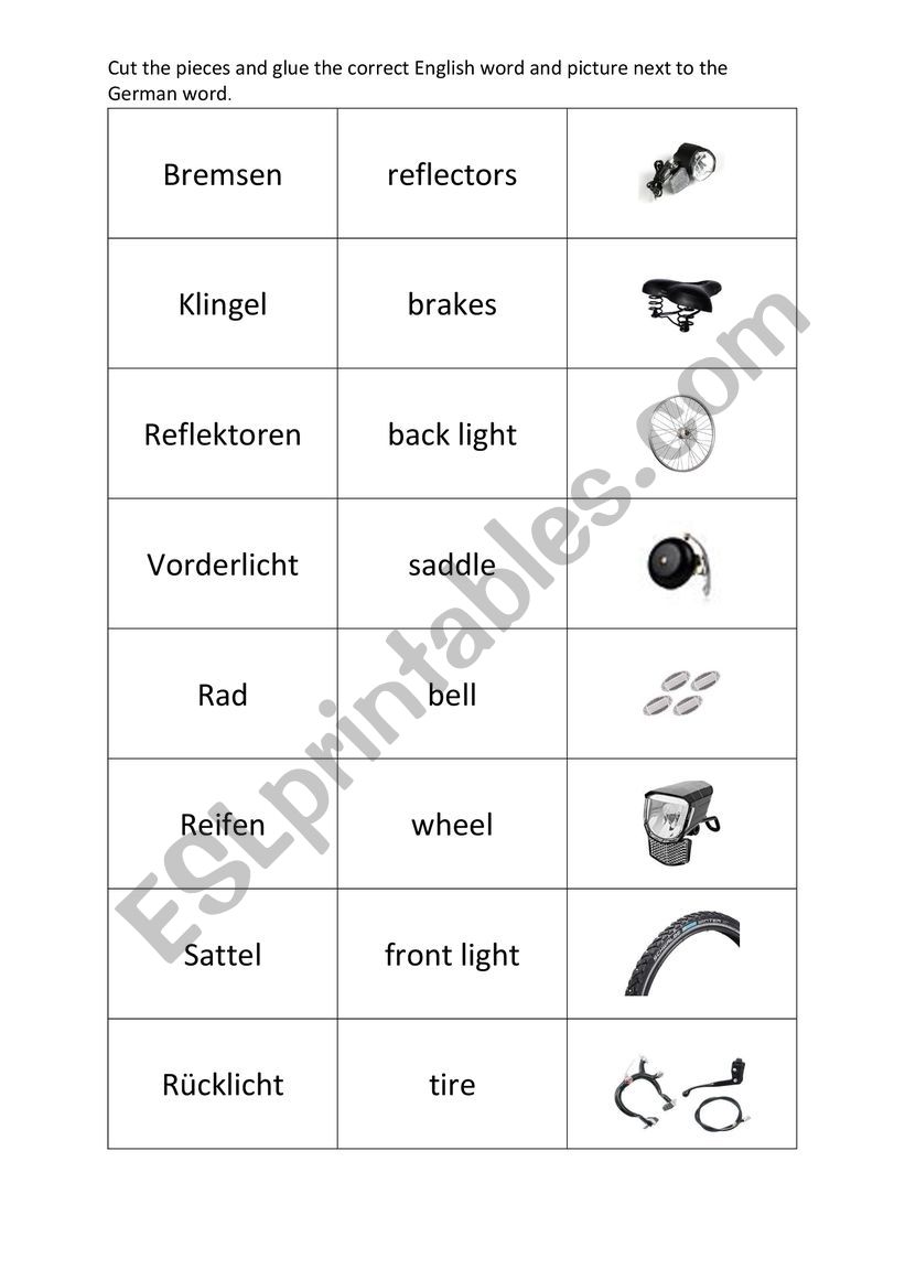 Parts of a bike worksheet