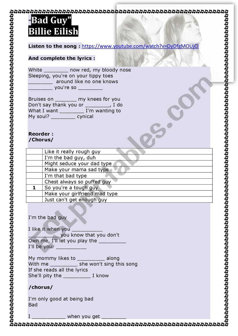 Billie Eilish Bad Guy worksheet