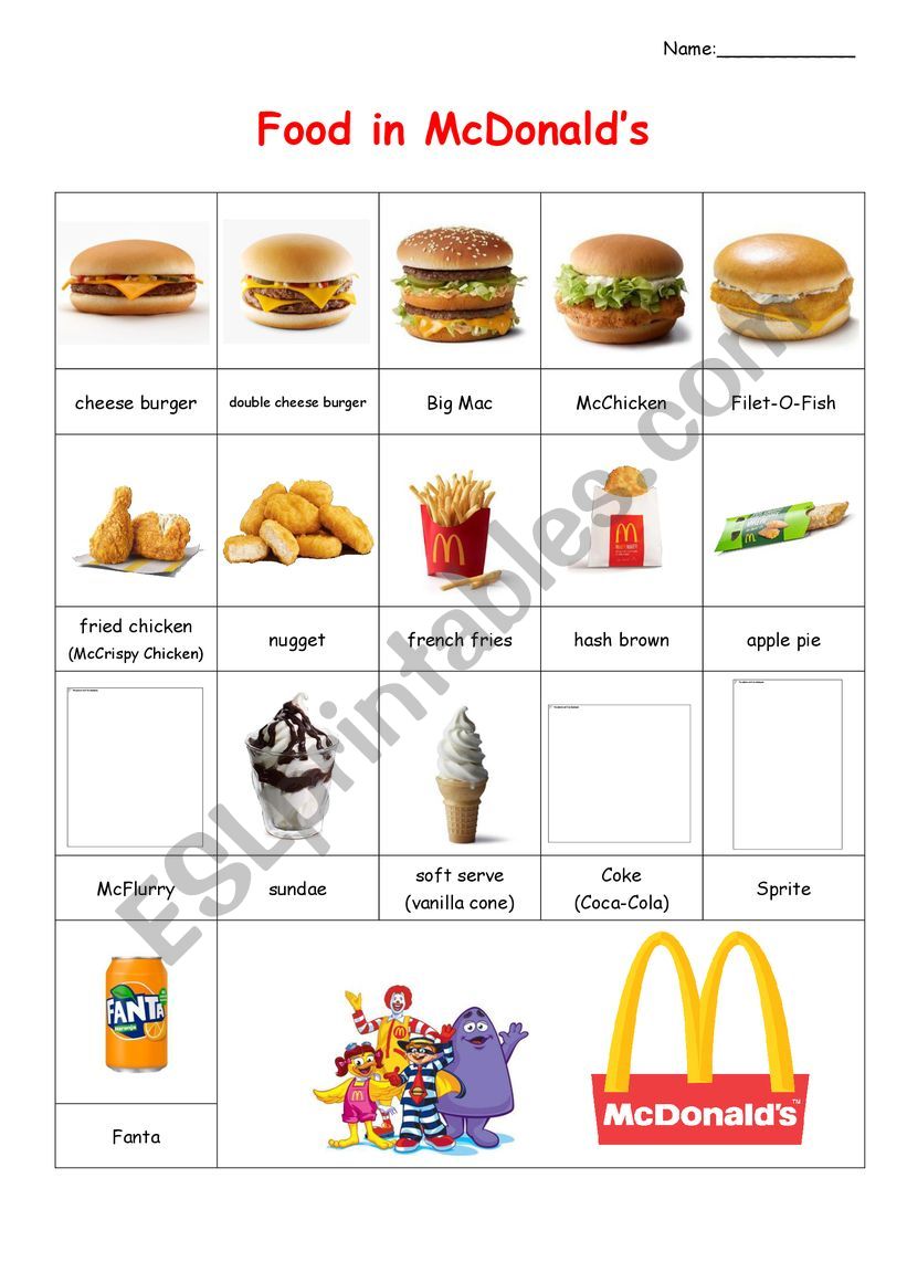 Food In McDonald�s worksheet