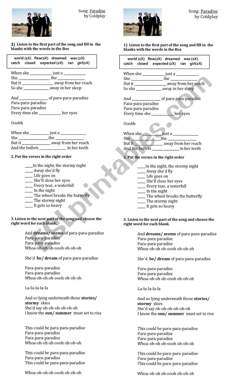 Paradise - Coldplay song and nursery…: English ESL worksheets pdf