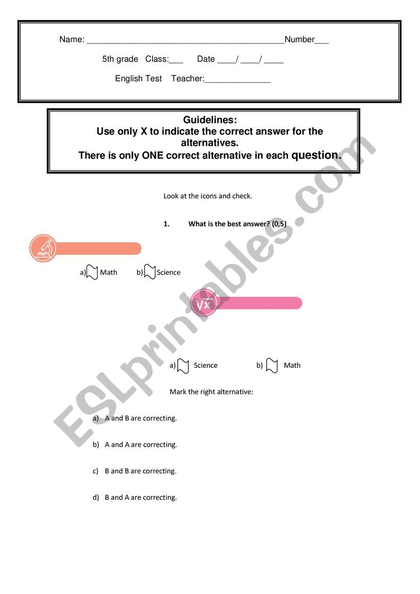 English test elementary school 5th grade