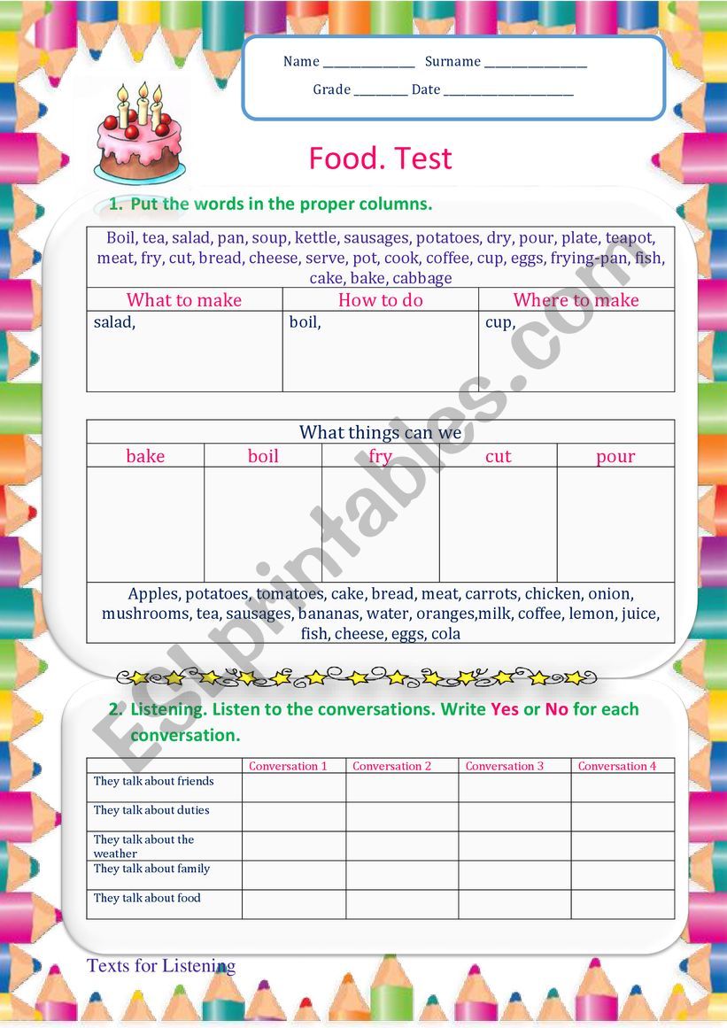 Food Test worksheet