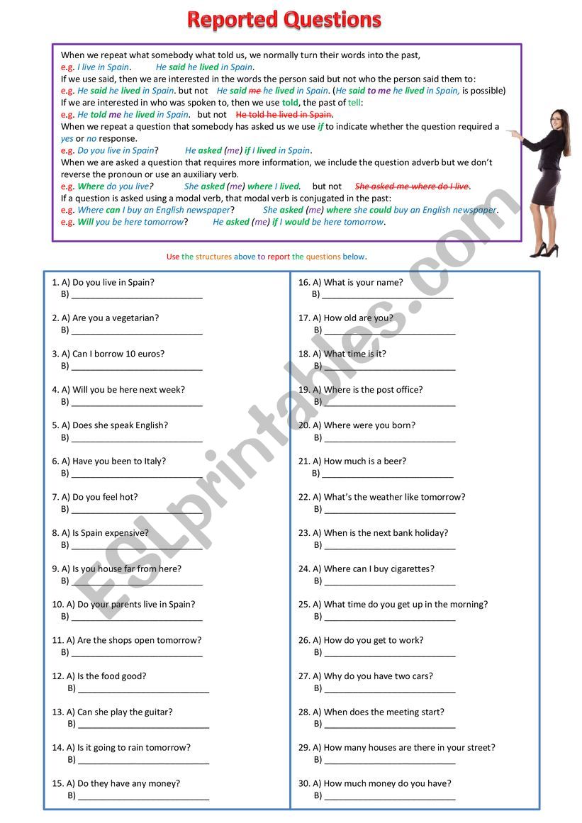 Reported Speech - Questions worksheet