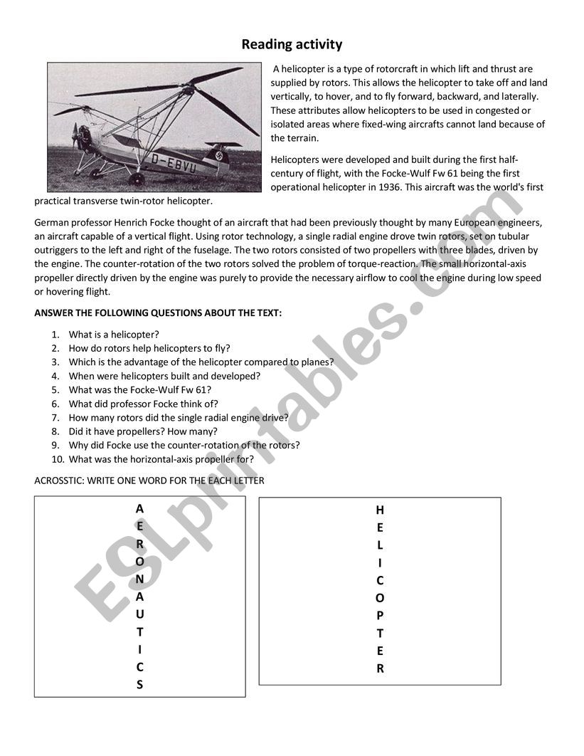 HISTORY OF HELICOPTERS worksheet