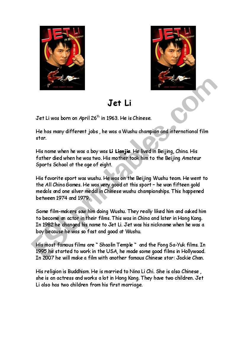 Jet Li worksheet