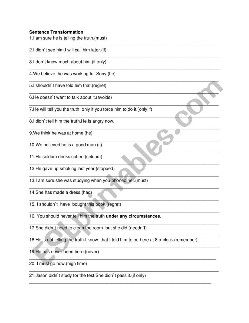 SENTENCE TRANSFORMATION worksheet