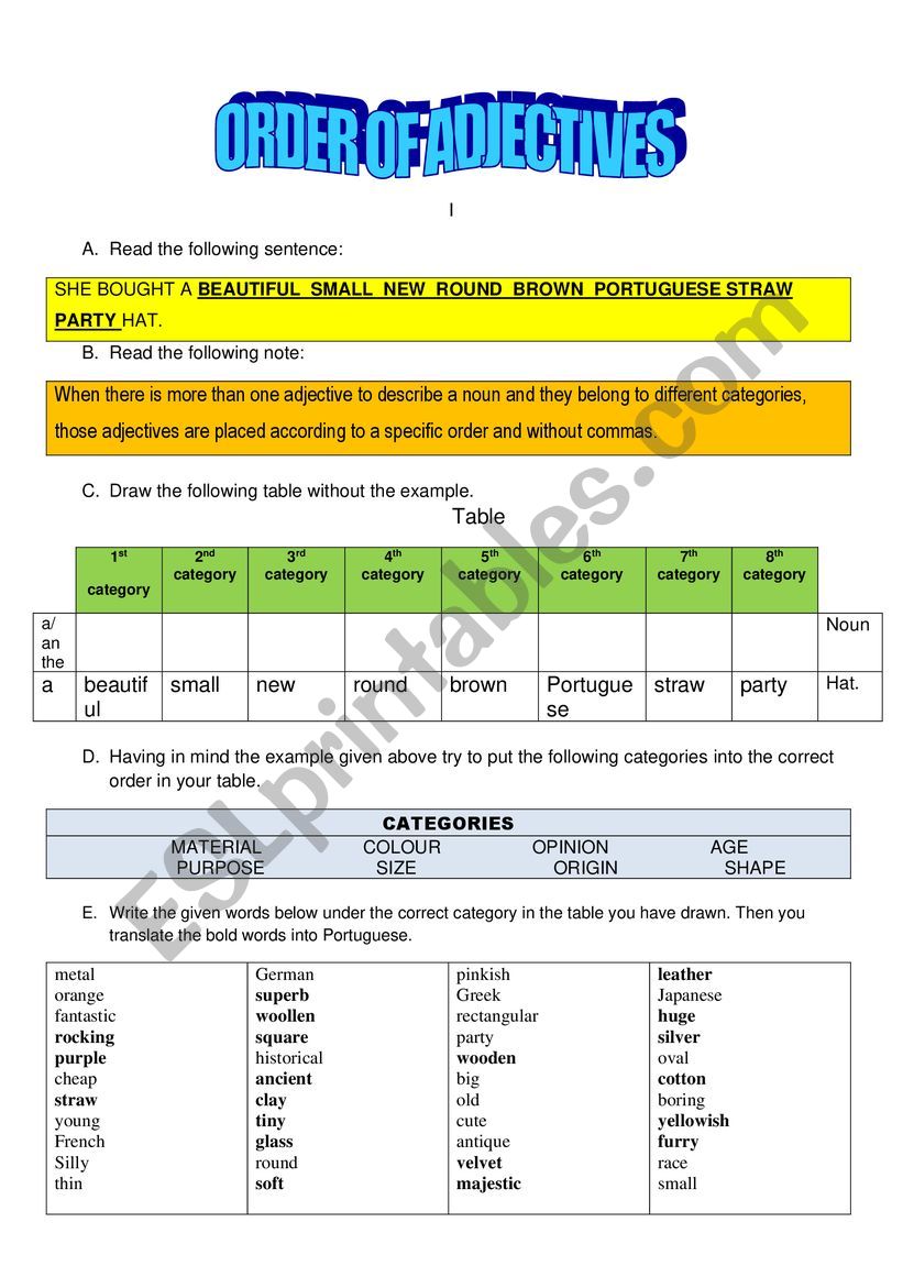 Order of adjectives worksheet