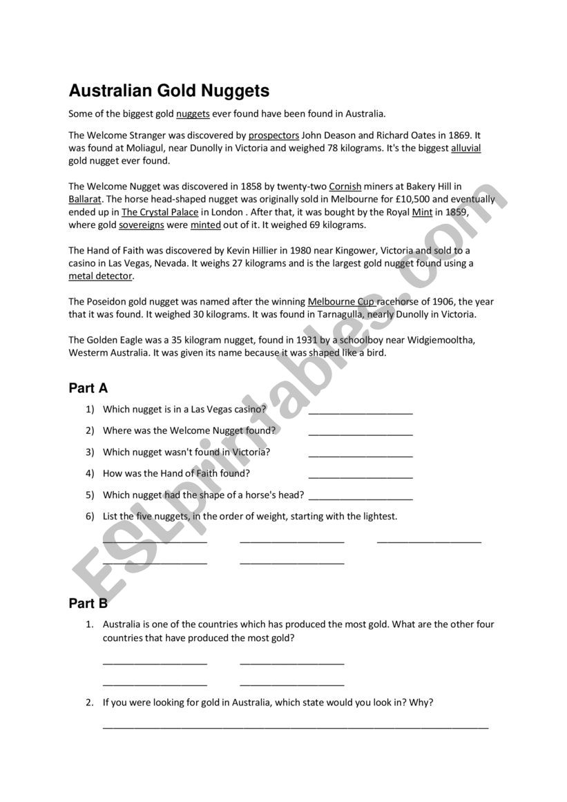 Australian Gold Nuggets worksheet