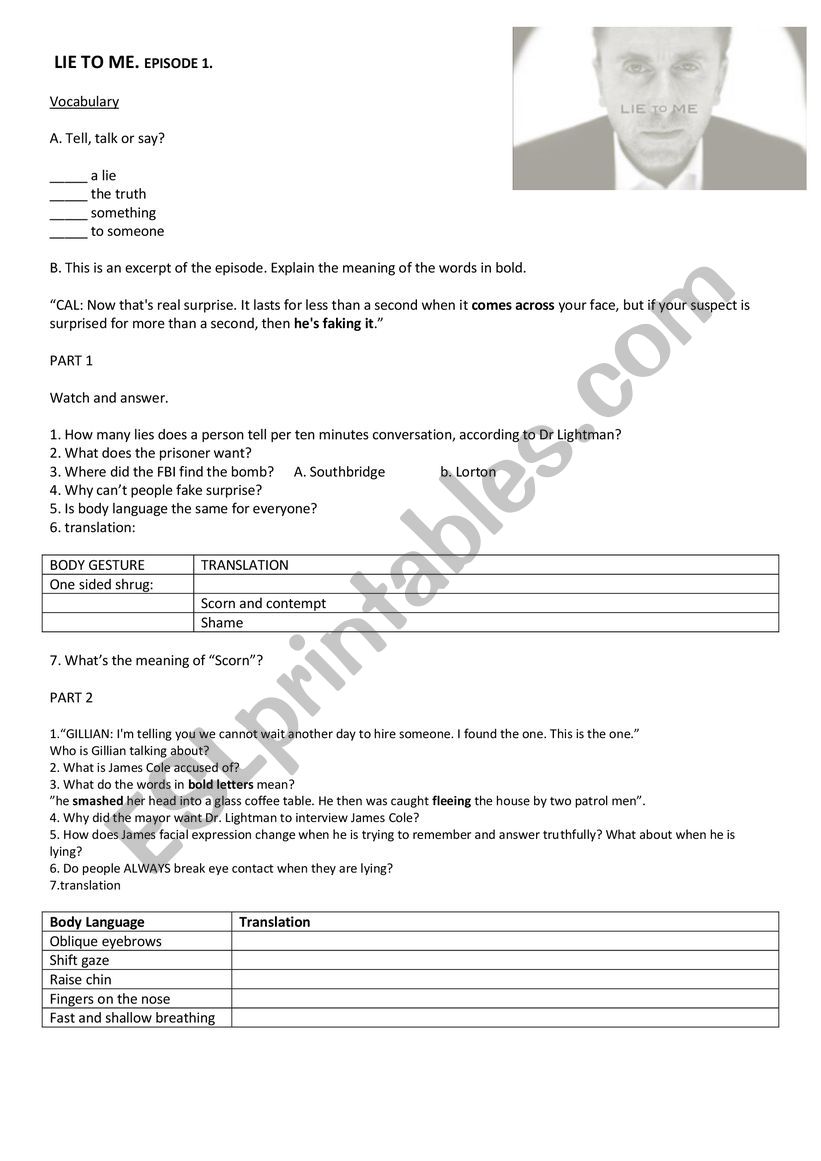 Lie to me, pilot episode worksheet