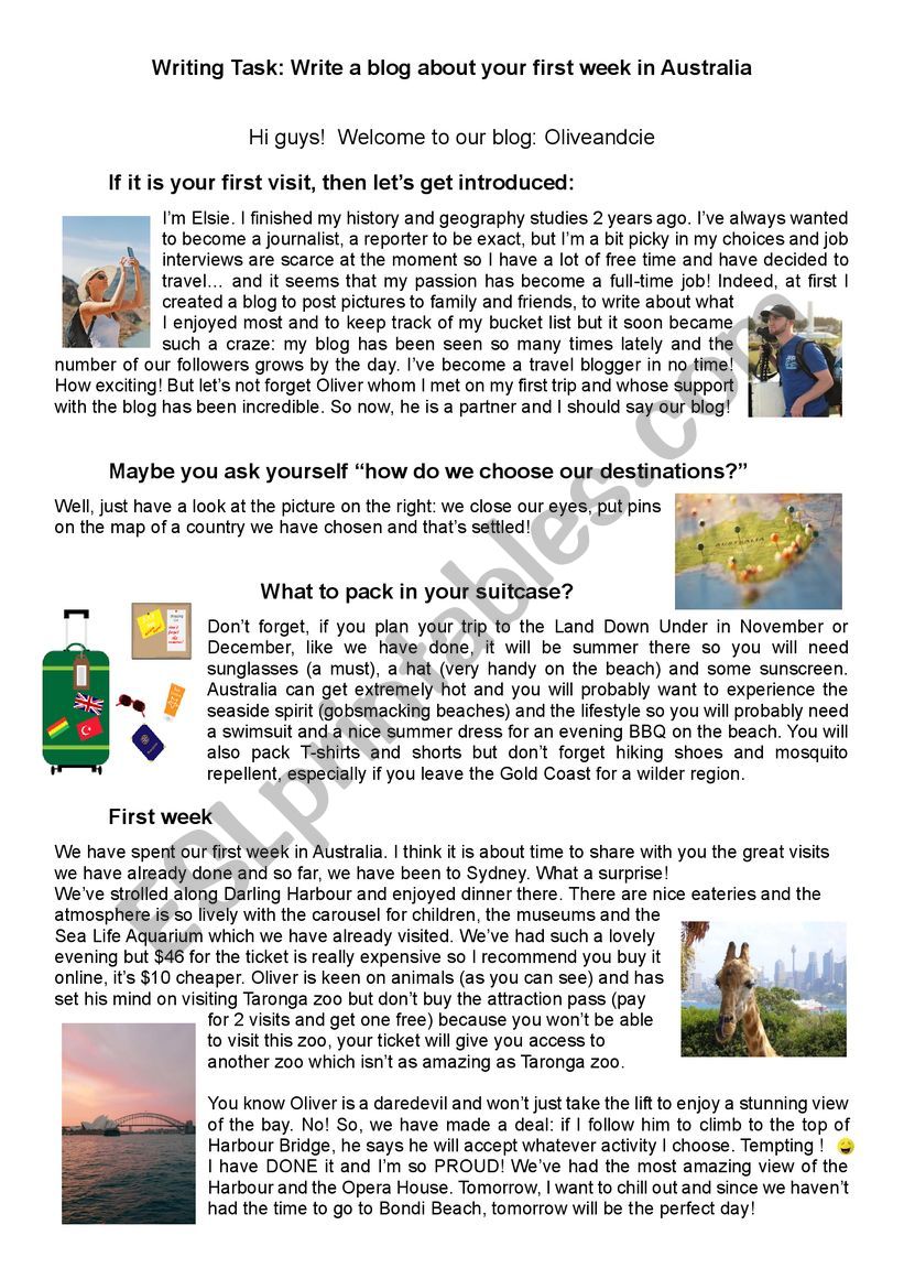 Write a travel blog - ESL worksheet by Cherbert10