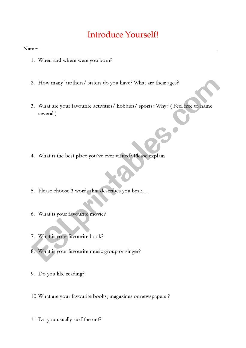 Introduce yourself worksheet