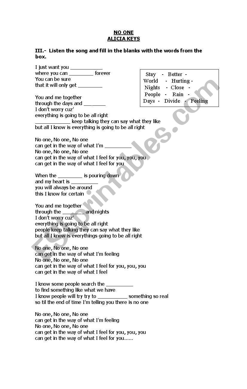 Worksheet -  No One - Song worksheet