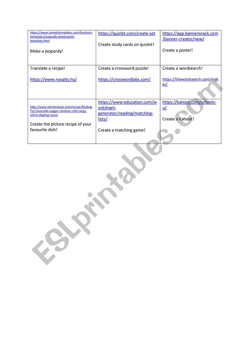 Food and Cooking Vocabulary Tasks