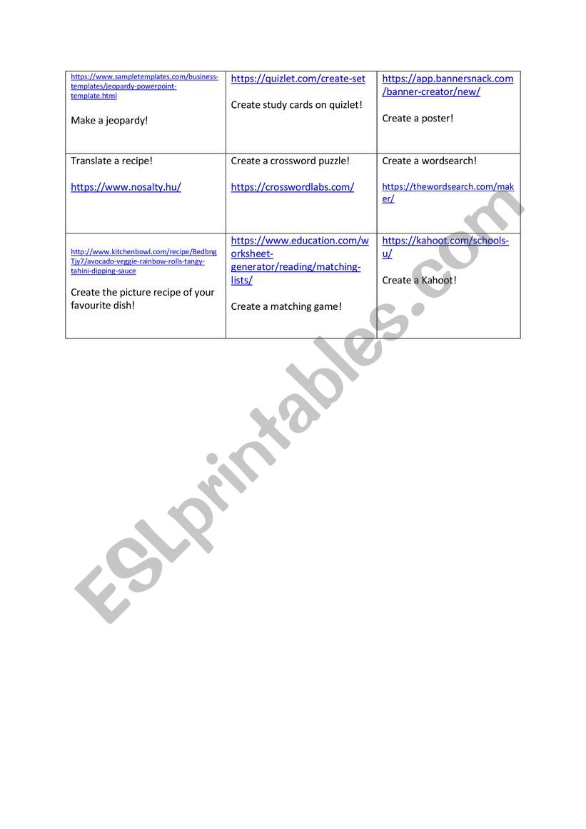 Food and Cooking Vocabulary Tasks