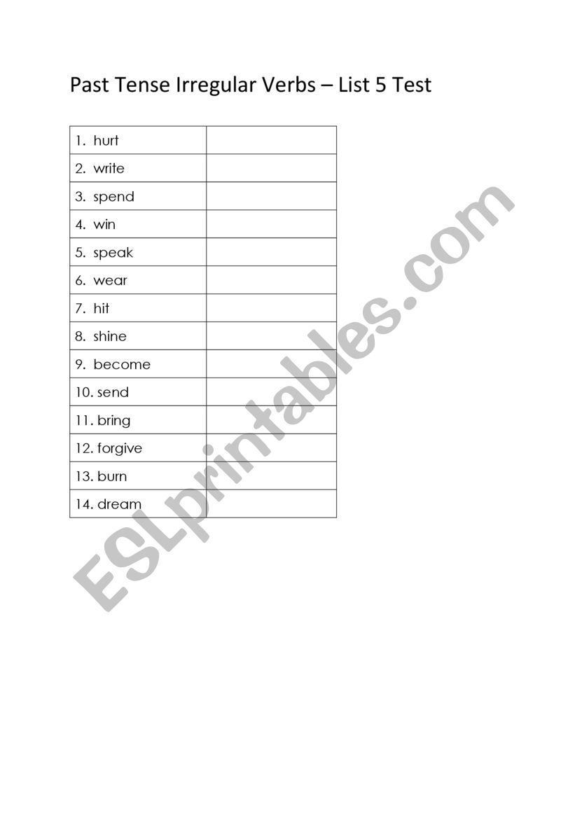 Irregular Past Tense Verbs - List 5