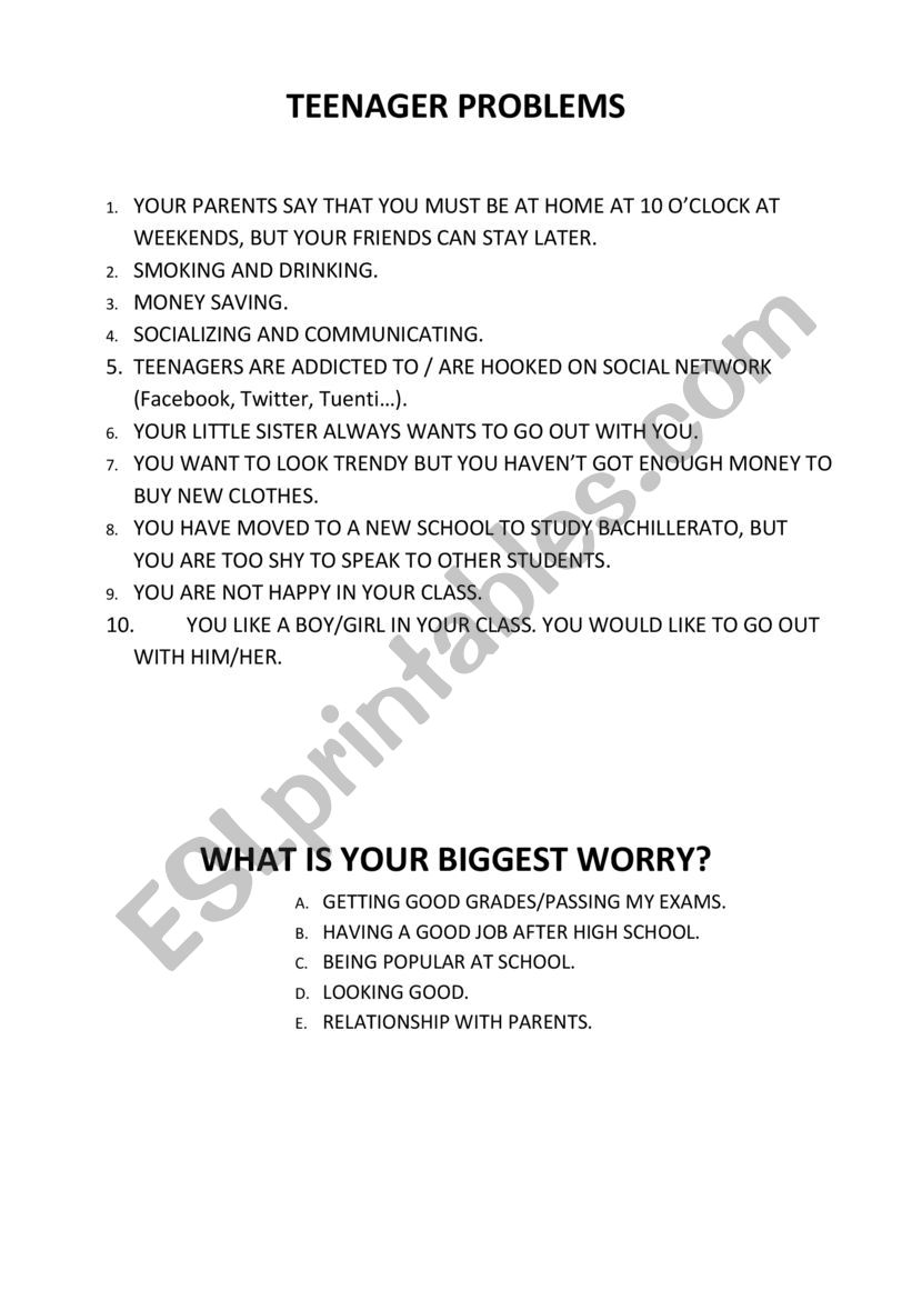 Teenager Problems worksheet