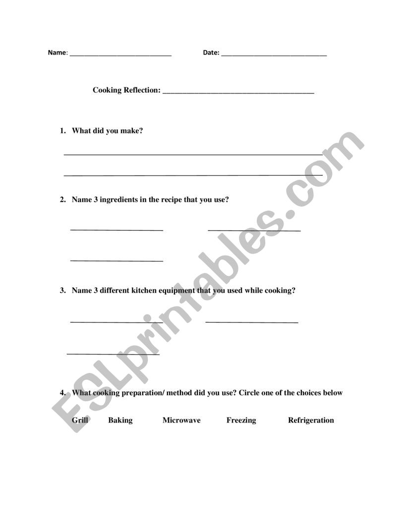 Cooking  worksheet