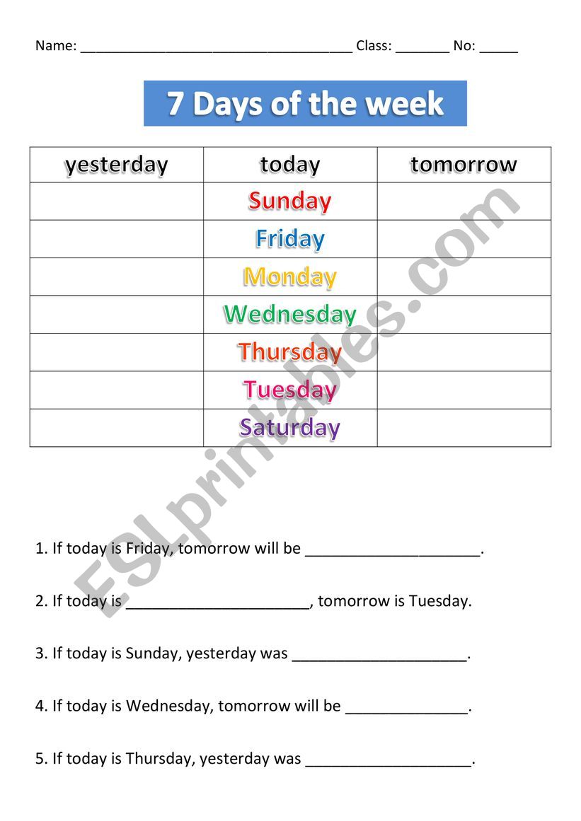 7 days of the week worksheet