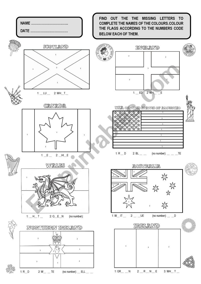 COLOUR THE FLAGS BY NUMBER worksheet