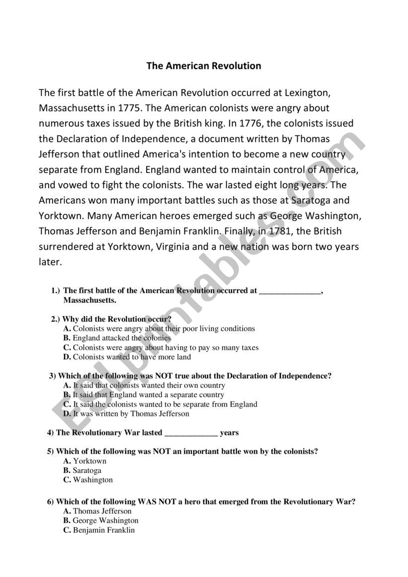 The American revolution worksheet