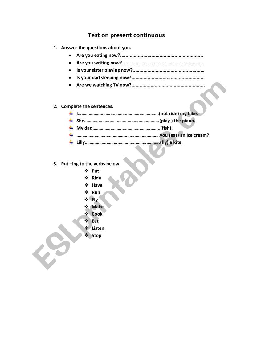 test on present continuous worksheet