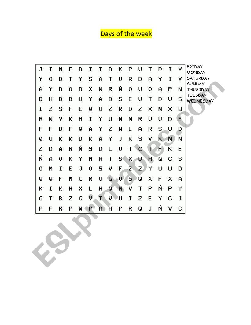 days of the week crossword worksheet