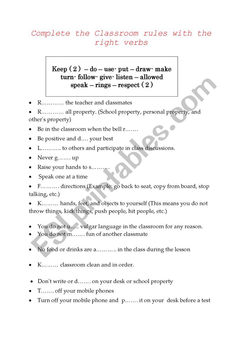 Classroom rules exercise  worksheet