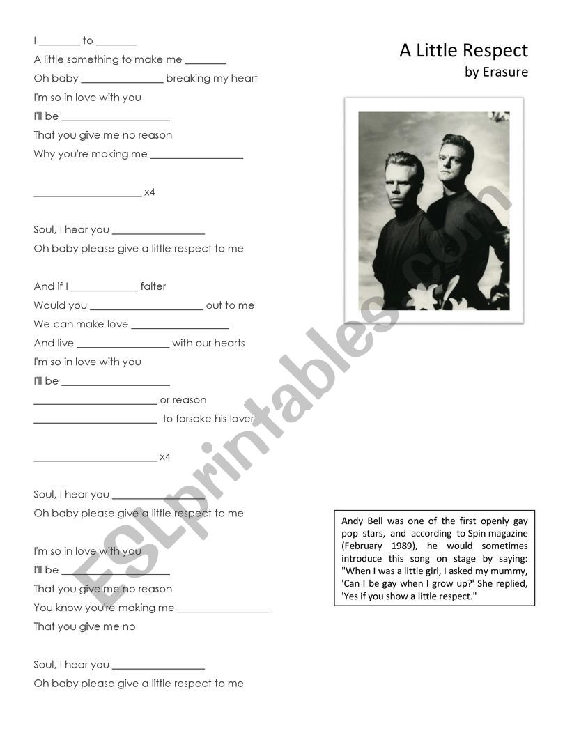 Erasure - A Little Respect worksheet