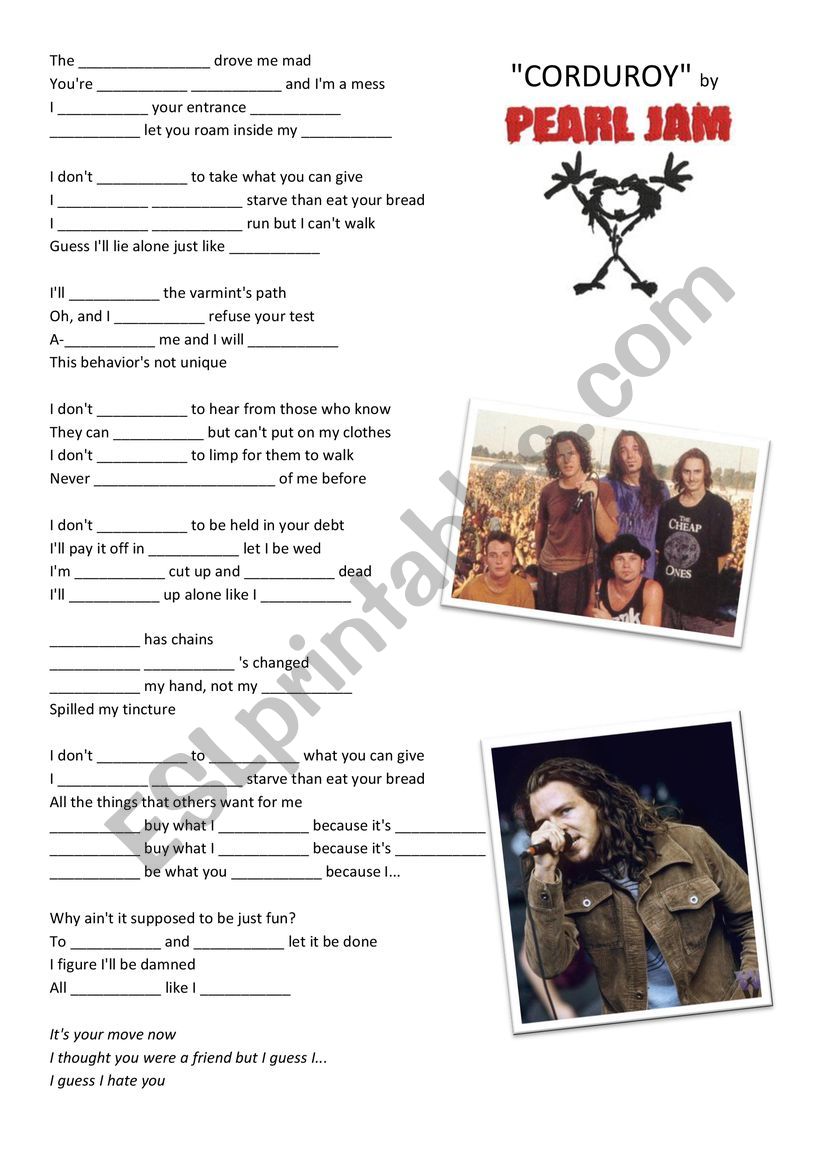 Corduroy by Pearl Jam worksheet