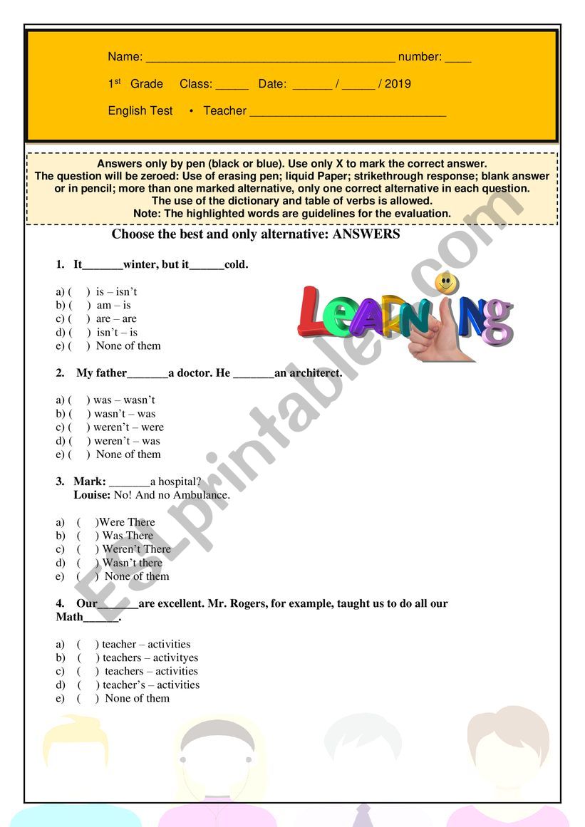 Test High school 1st grade worksheet