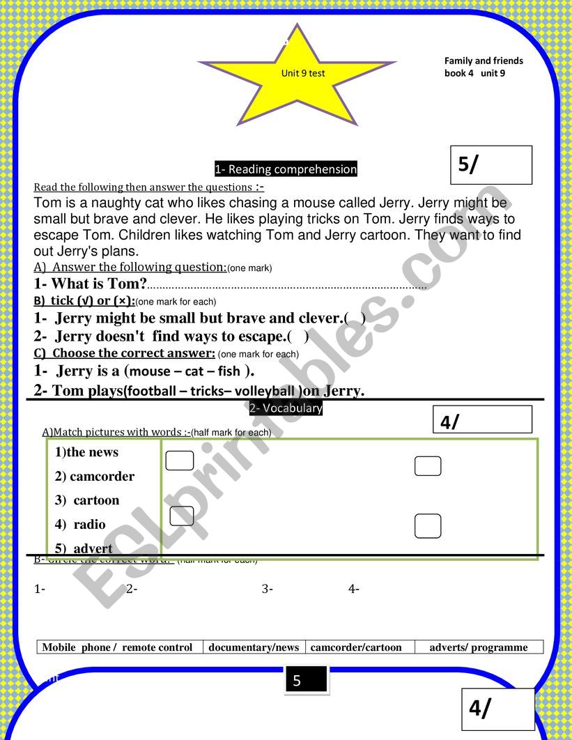 A summative test based on family and friends book 4 unit 9 test 2 esl