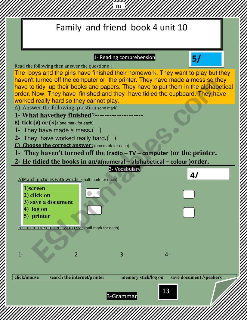 a  summative test based onfamily and friends book 4  test 10