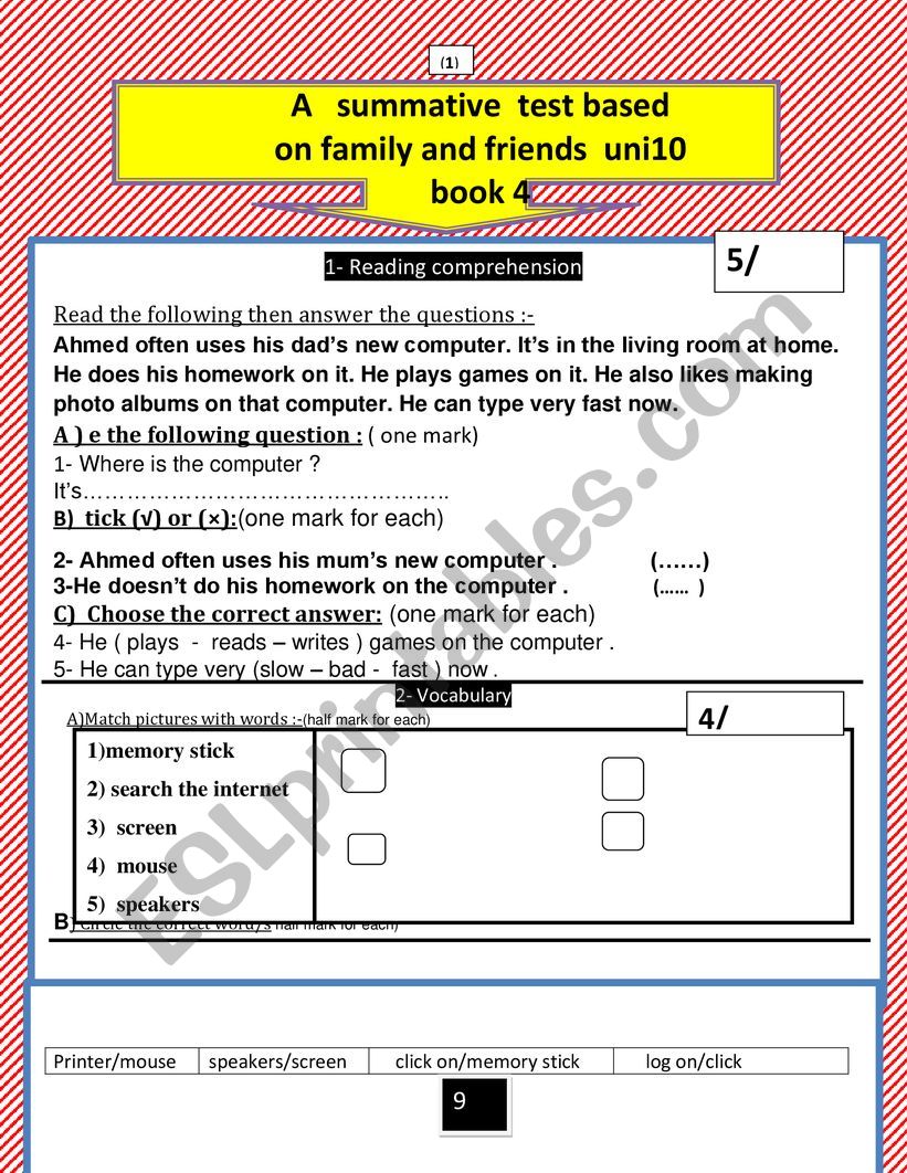a  summative test based on family and friends oxford book 4  unit 10 2
