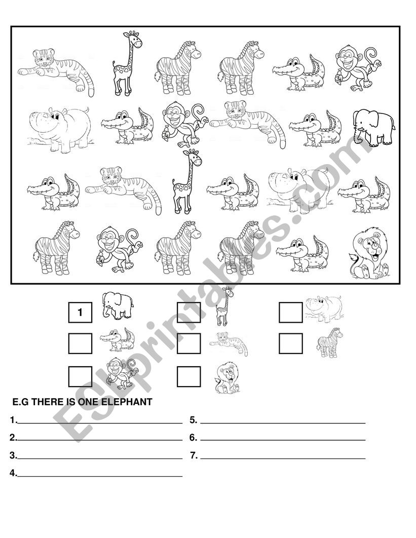 COUNT THE ANIMALS AND WRITE SENTENCES USING THERE IS/THERE ARE