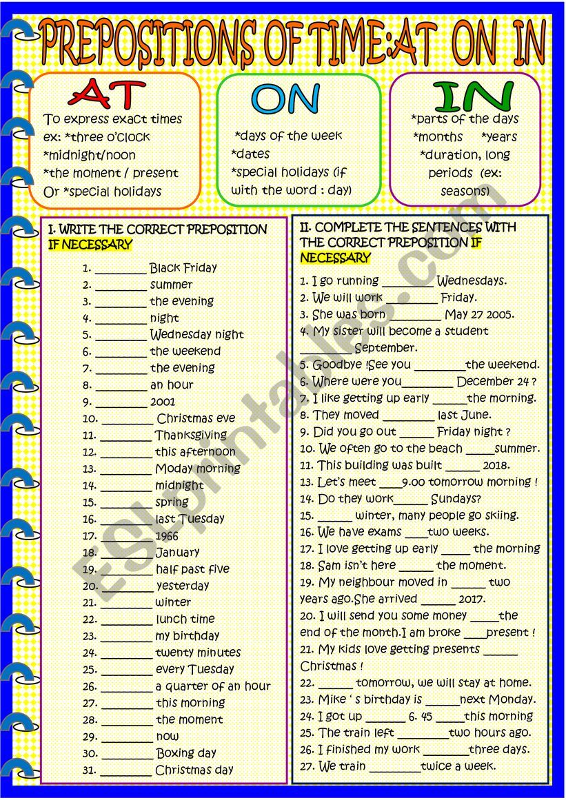 Time prepositions worksheet