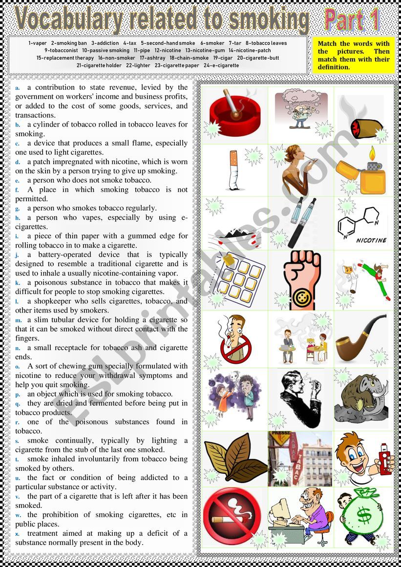 Smoking Vocabulary Part 1 - Pictionary + matching definitions + KEY