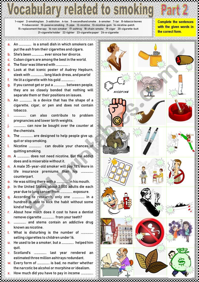 Smoking Vocabulary Part 2 - Pictionary + matching and completing + KEY