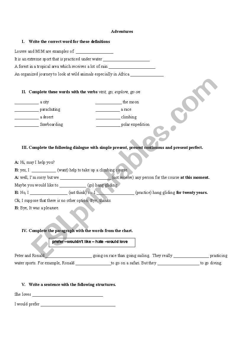 Adventure vocabulary worksheet