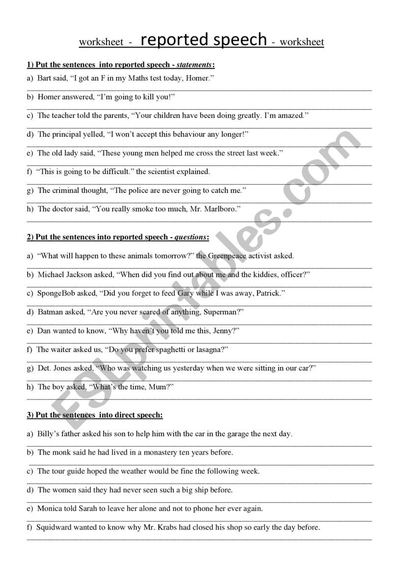 reported speech worksheet