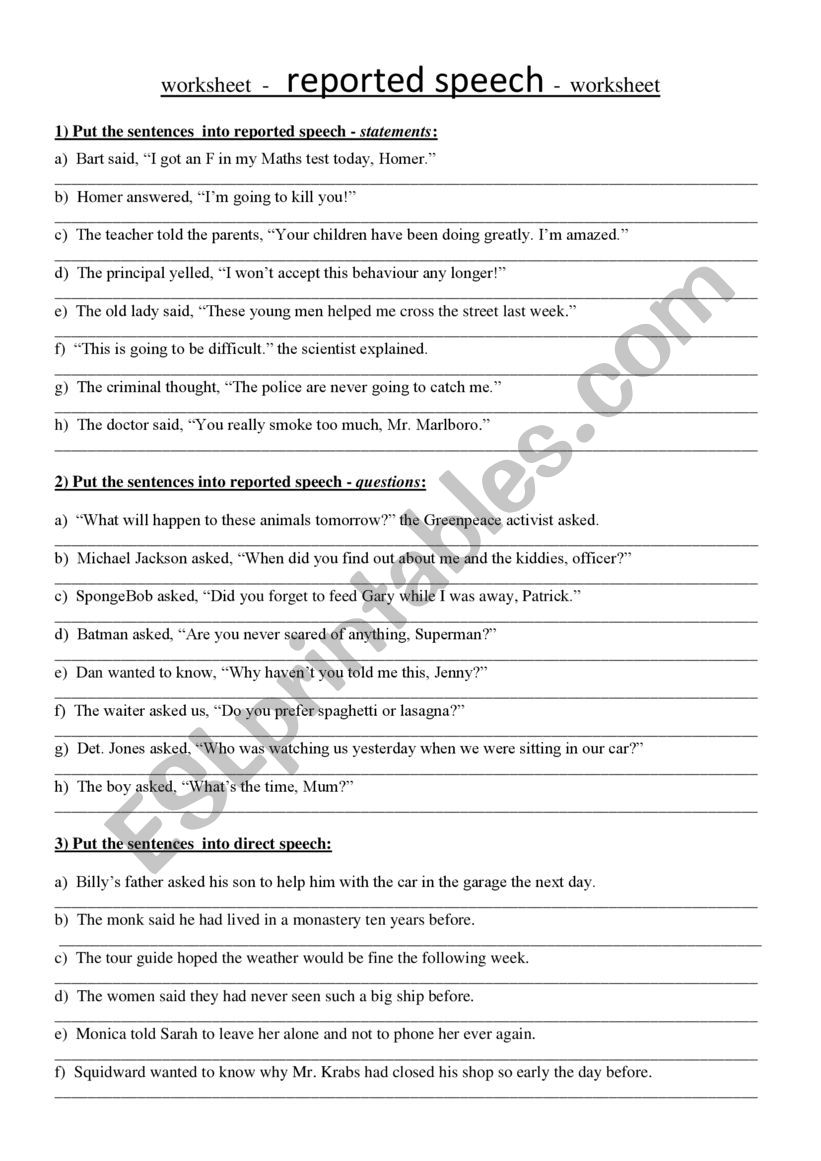 reported speech worksheet