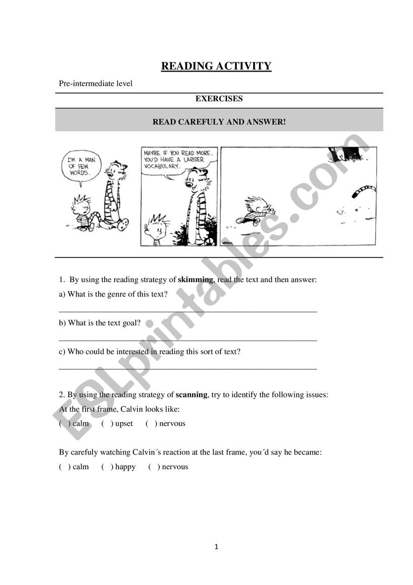 Reading strategies worksheet