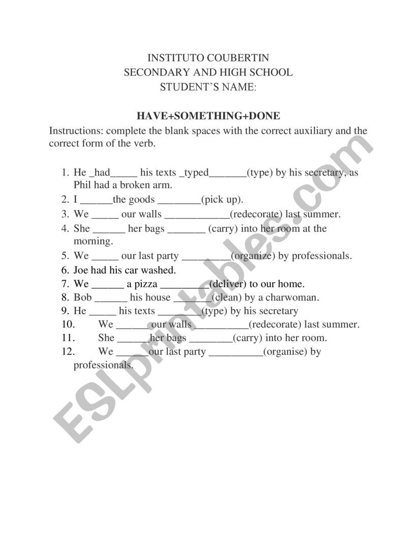Causative form in past  worksheet